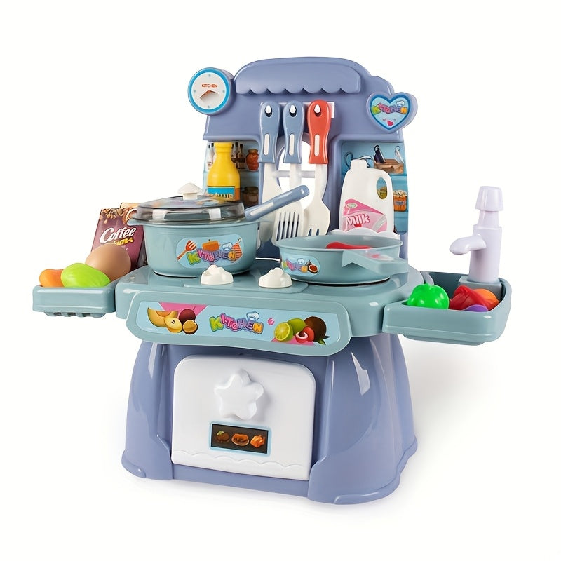 Gzsbaby play kitchen set features lights, sounds, stove, sink, and faux food in pink/blue colors, perfect for winter and New Year.