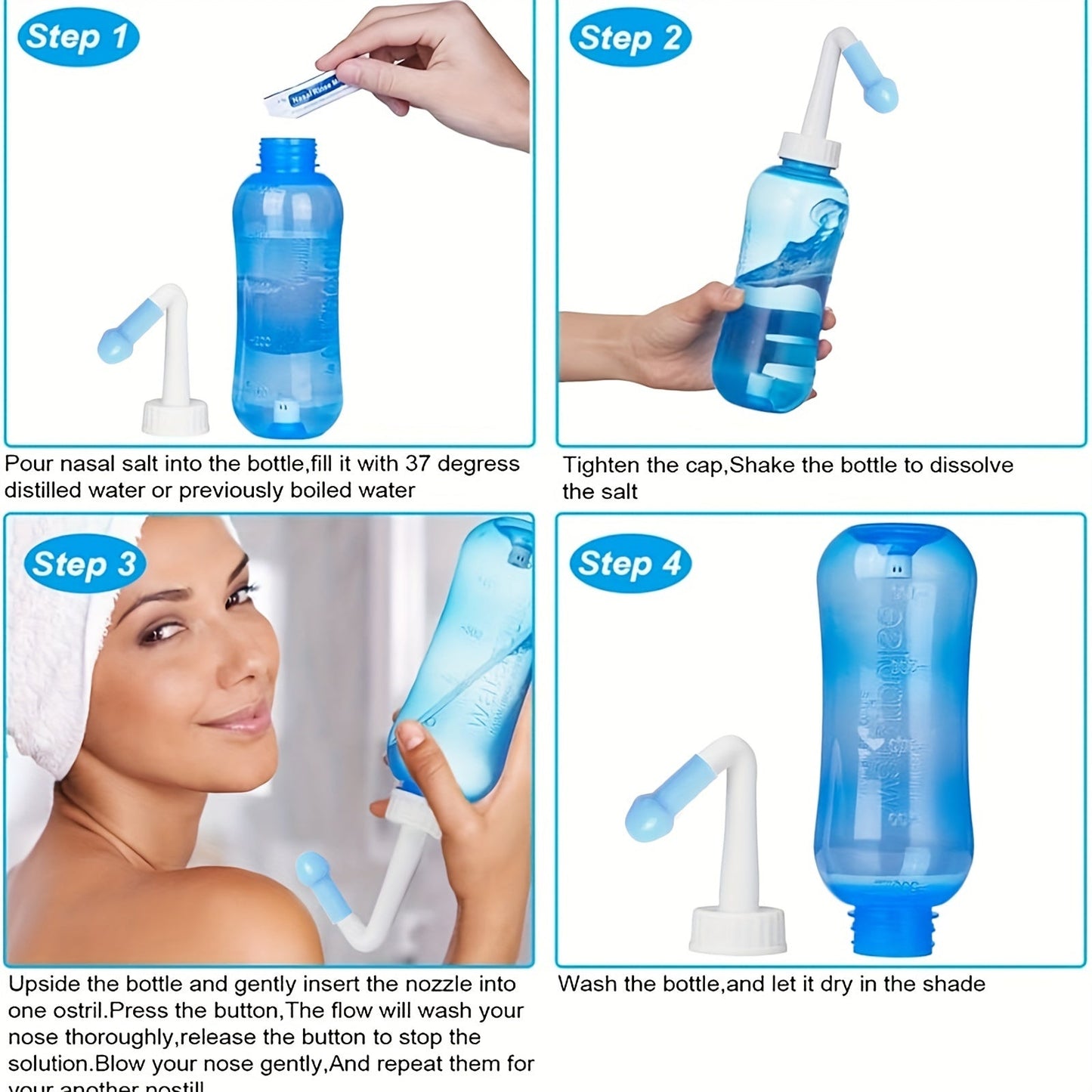 Set of nasal wash bottles that are BPA-free - Comes in 300/500ml sizes, perfect for sinus relief, allergies, and cold care - Great for adults and essential for home cleaning.