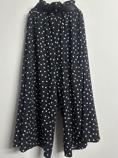 Elegant polka dot wide-leg pants for women made of non-stretch polyester with belt detail, machine washable.