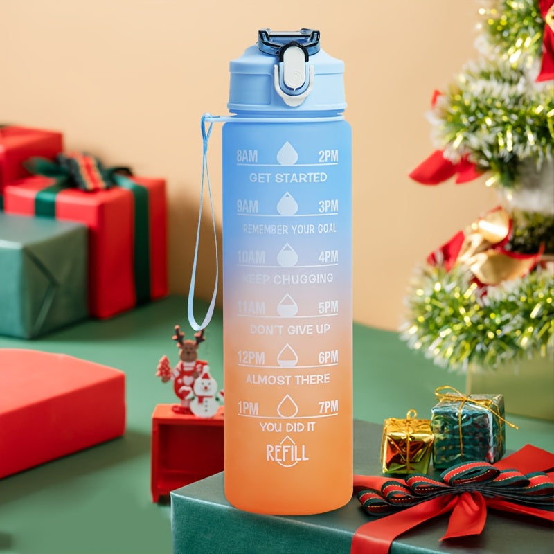 BPA-free sports water bottle with time marker, straw, leakproof design, inspirational quotes, suitable for various activities.