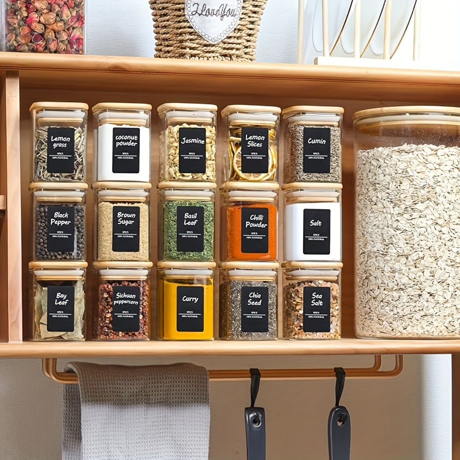 12 glass spice jars with bamboo lids, airtight and reusable for kitchen storage and organization. Includes waterproof labels.