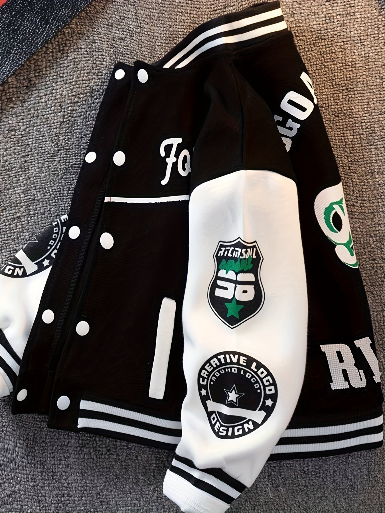 Boys Long Sleeve Varsity Baseball Jacket with Letter Graphic and Color Block Design, Drop Shoulder Style, No Hoodie