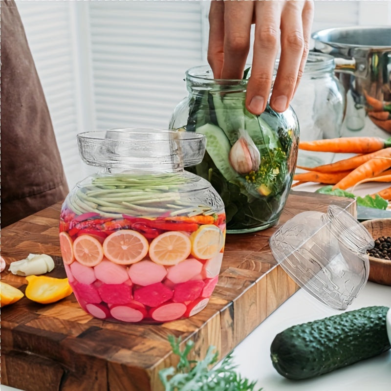 Glass fermentation jar with water seal airlock lid and cleaning brush, traditional fermenting kit for pickles, kimchi, sauerkraut, kombucha.