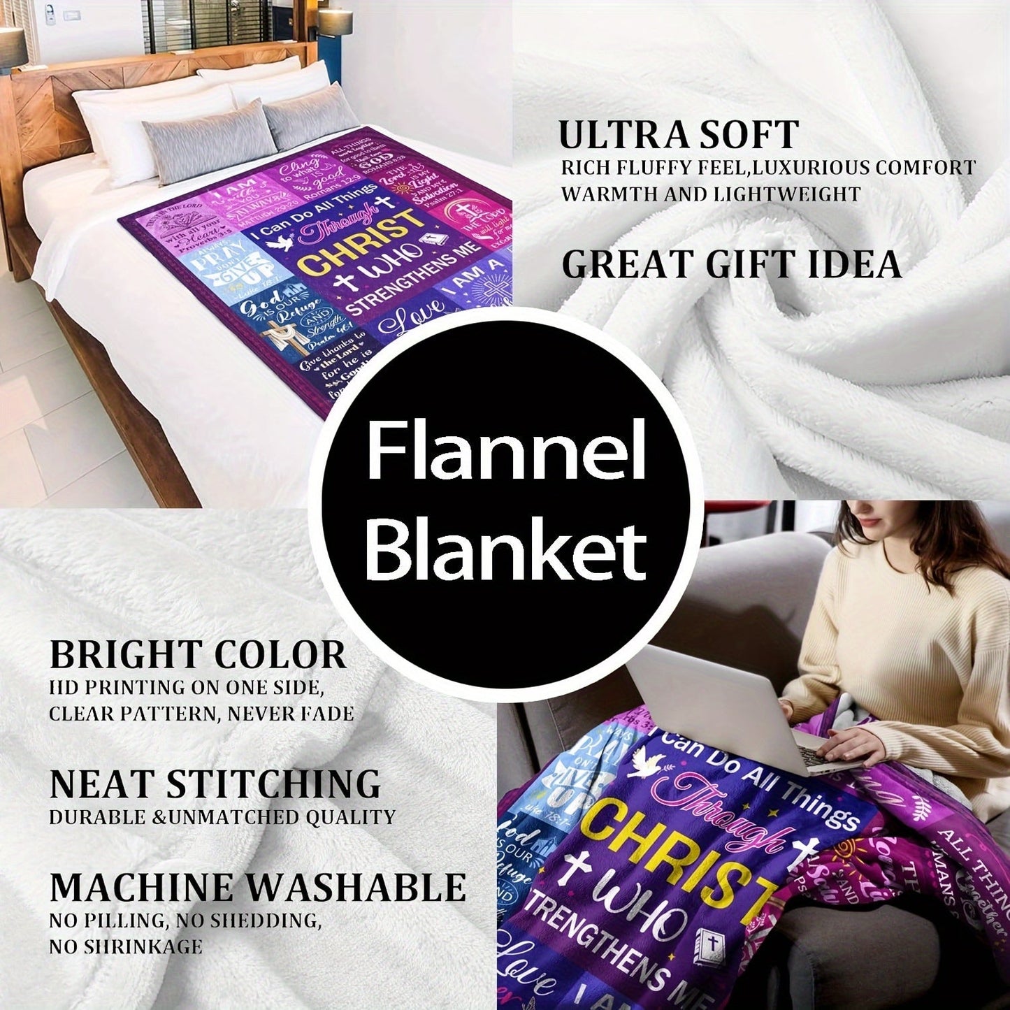 Explore our selection of Christian gifts for women with this inspirational religious blanket. Featuring a Bible verse prayer design on cozy flannel material, this Catholic spiritual faith blanket is super soft, healing, and perfect for use as a sofa