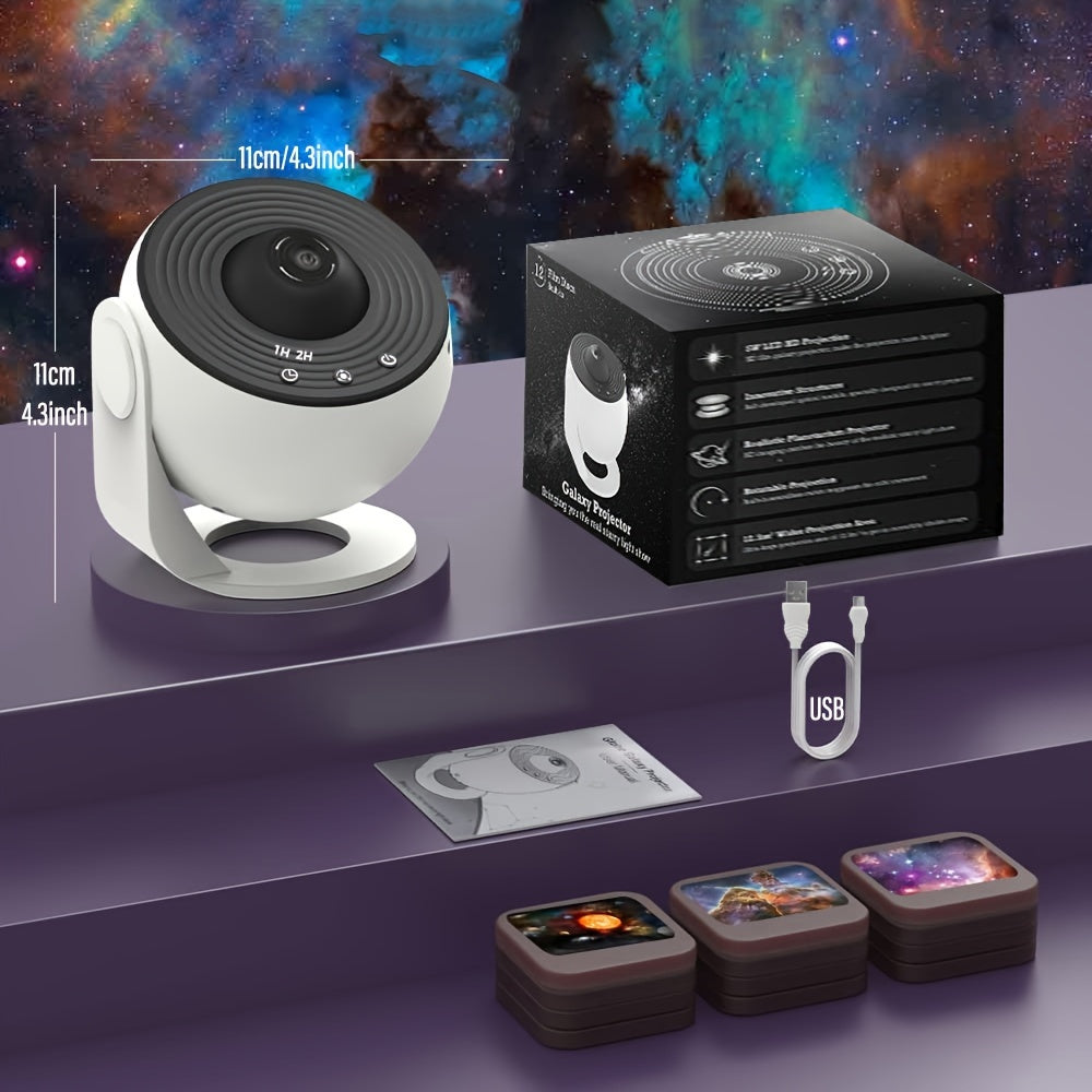 USB powered starry galaxy projector made of ABS material with tabletop mount, push button control, interchangeable film projection. Suitable for bedroom, hotel, restaurant, game room for