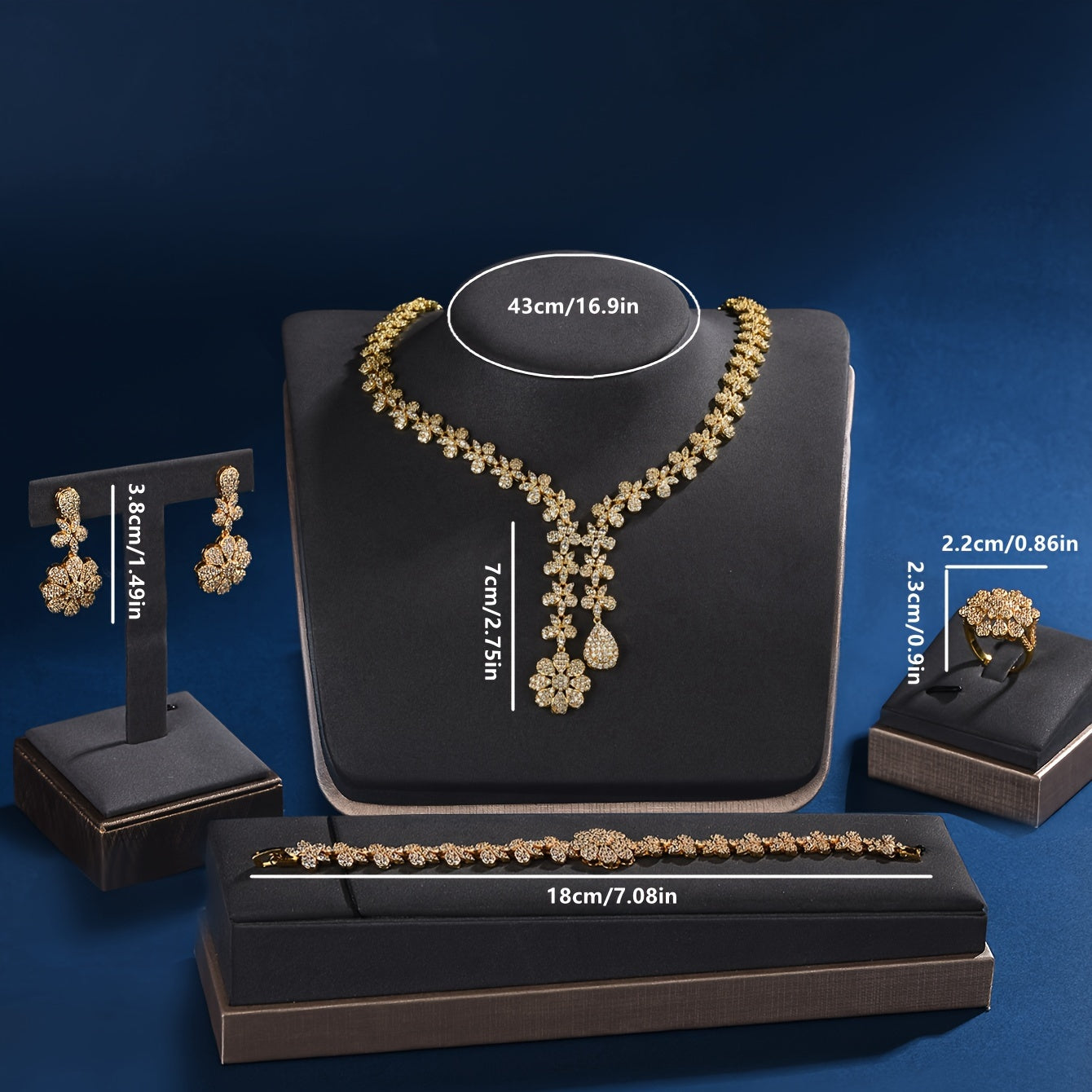 Luxurious 18K Gold Plated Copper Jewelry Set for Women featuring Synthetic Zirconia - Perfect for Parties and Holidays. This 5-Piece Set includes a Necklace, Bracelet, Earrings, and Ring, ideal for Weddings, Parties, and Thanksgiving celebrations.