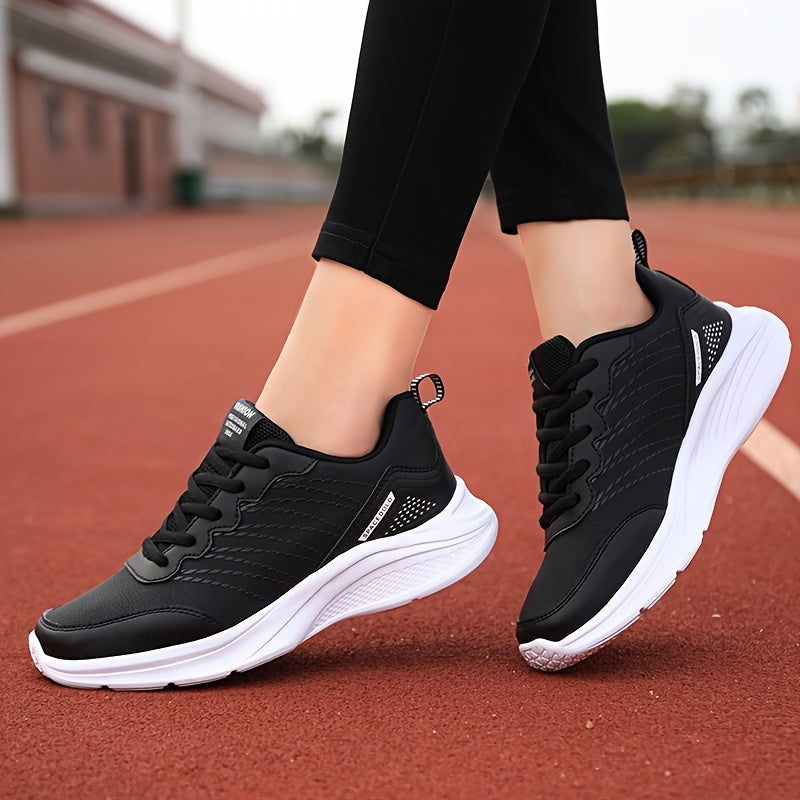 Women's water-resistant fashion sports sneakers with solid color, low top design, lace-up closure, EVA sole, superfine fiber insole, and all-season PU upper for comfort.