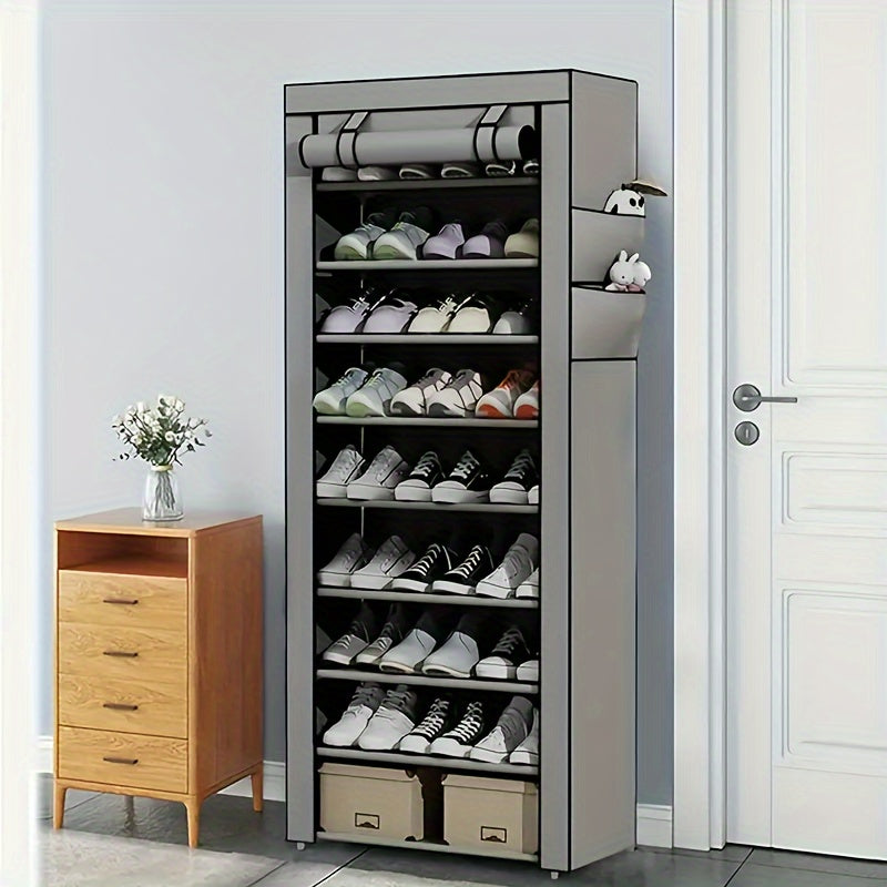 Compact plastic shoe cabinet with dust cover, non-woven shoe rack, easy assembly, portable, ideal for home, dorm, or entryway storage.