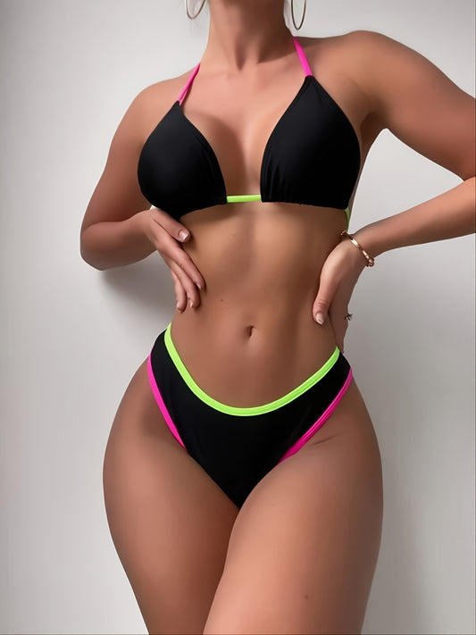 Neon halter neck bikini sets and high-cut triangle swimsuit for women.