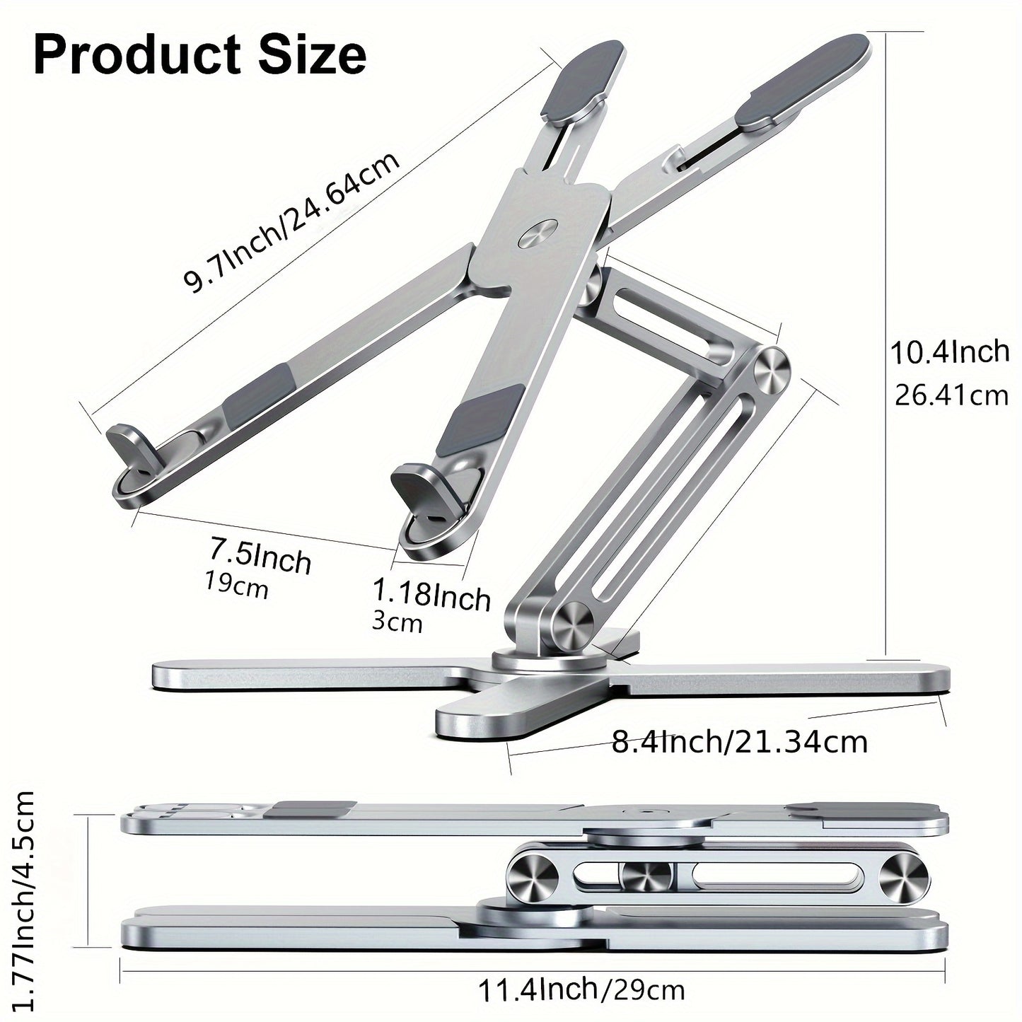 Портативная алюминиевая подставка для ноутбука с 360° вращением, теплоотведением и складным дизайном.