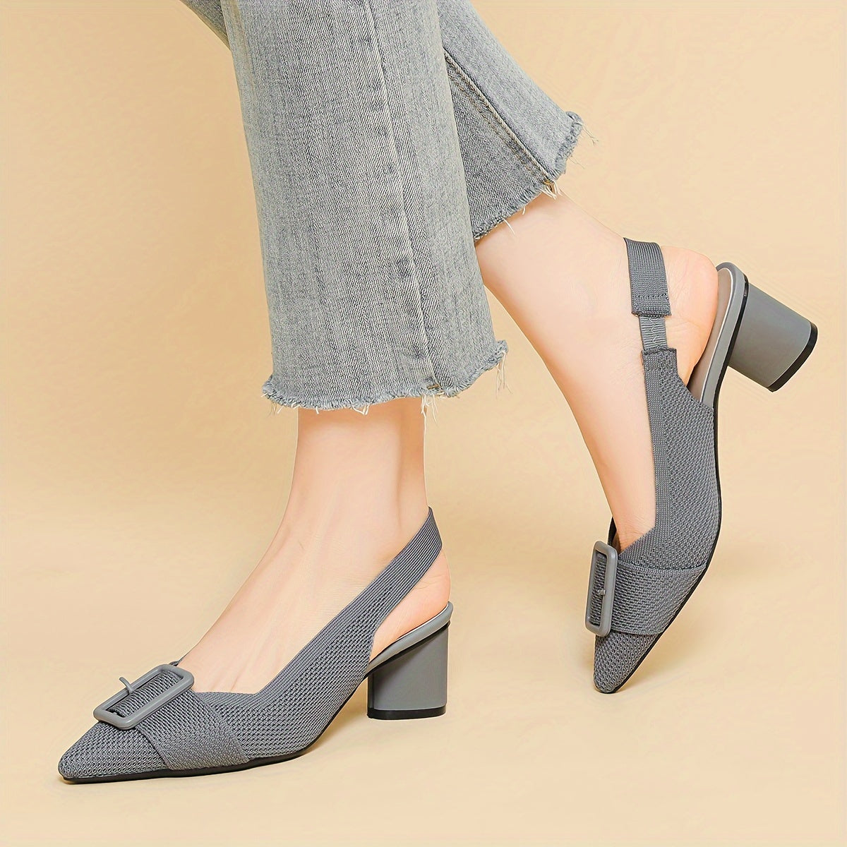 Women's mid-heel pumps with breathable knit, pointed toe, slip-on style, and chunky heel for all seasons.