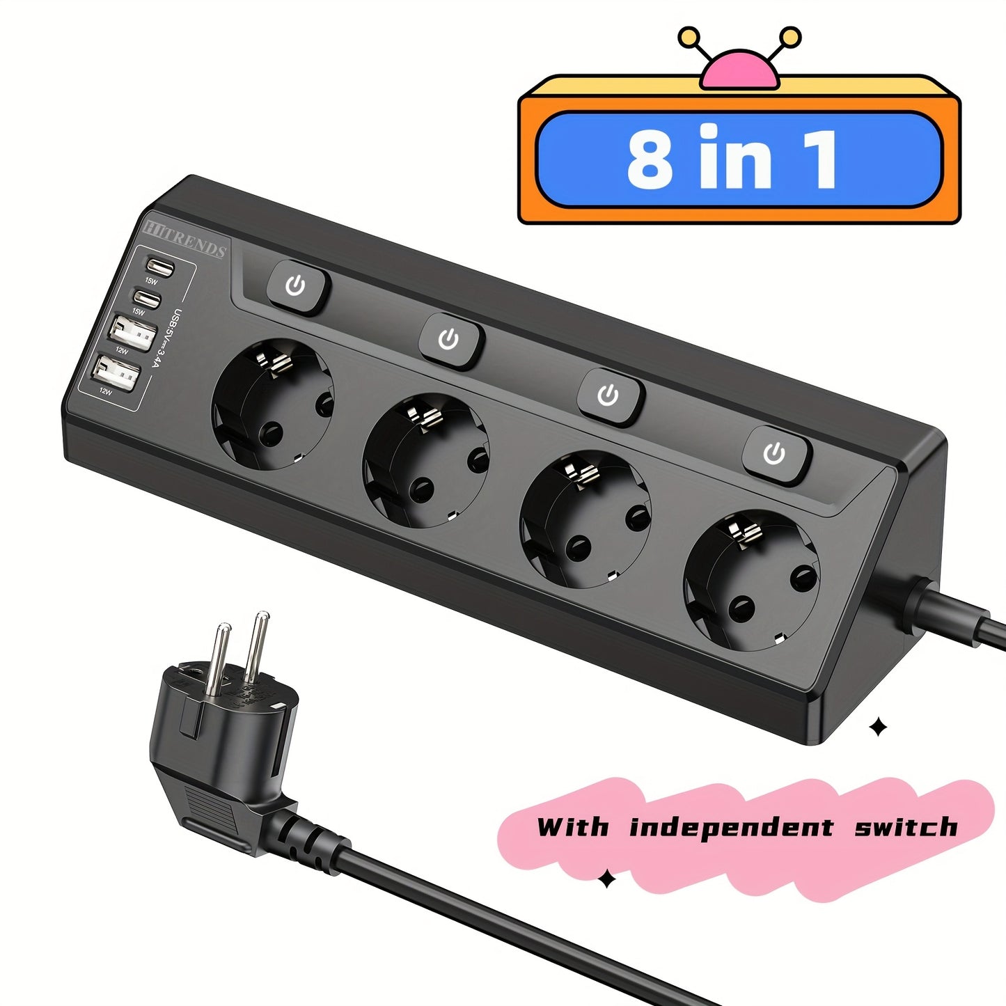 HITRENDS 4-port corner power strip with USB-C and USB-A ports, European standard plug, 220-240V AC, rectangle shape, on/off switch. Ideal for home and office use.