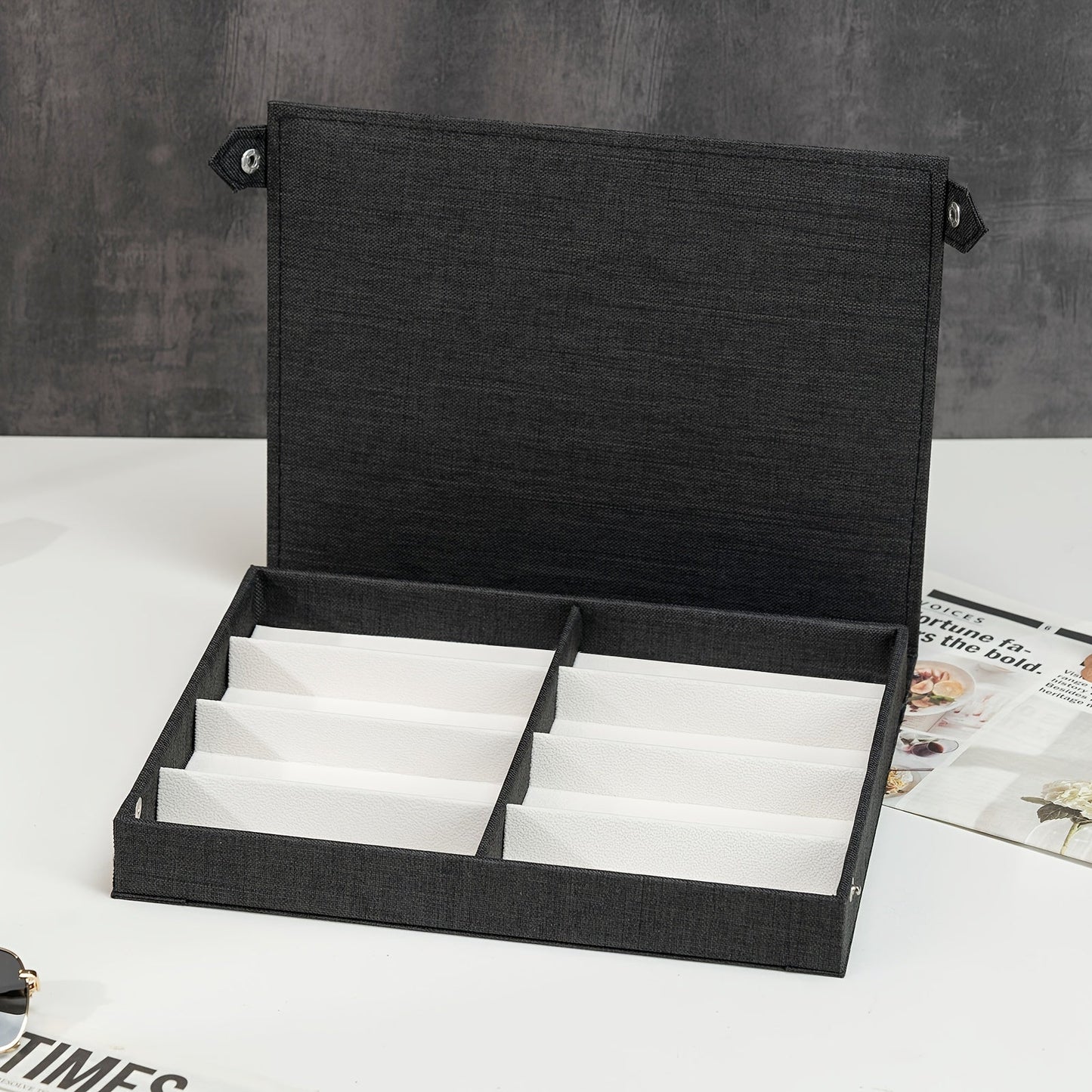 Stylish and sleek 8-Compartment Organizer for Glasses, Jewelry & Watches - Convenient Double Row Storage Box with Knit Design