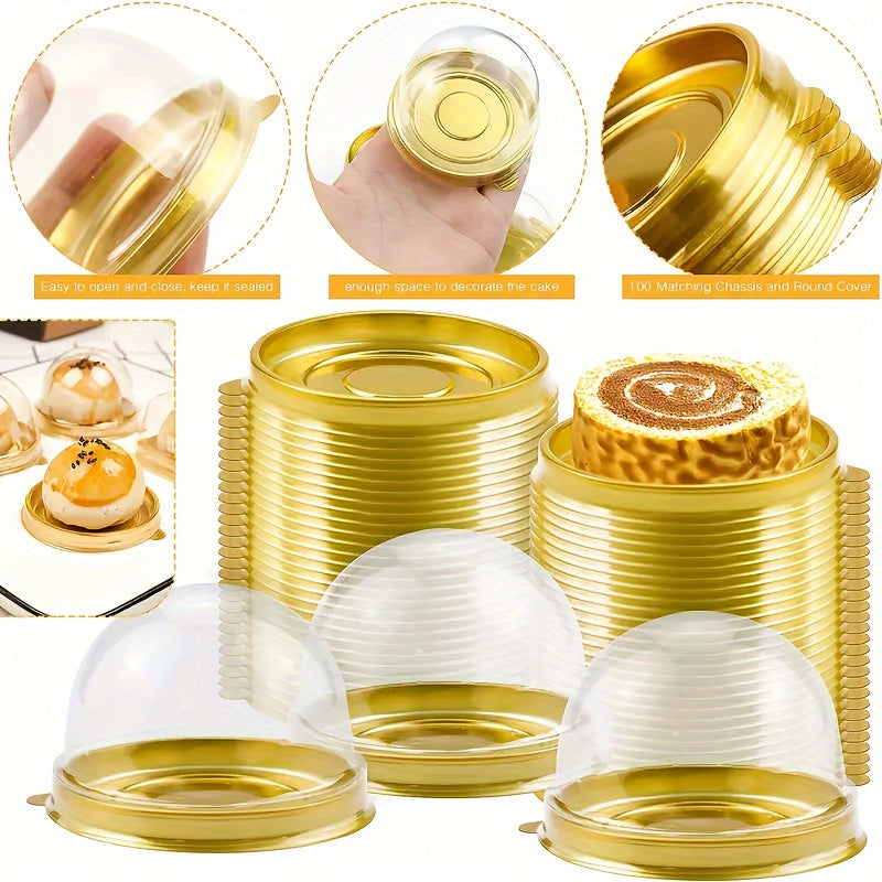 Set of 50 Mini Cupcake Holders - 7.62cm Golden & Clear, Made of BPA-Free PET Plastic, Round Dome Party Favor Boxes with Snack Display Option