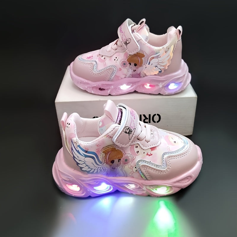 Girls' glow-in-the-dark princess sneakers with LED lights in purple and pink, featuring a magical cartoon design. Lightweight and comfortable for spring and fall. Perfect nighttime shoes