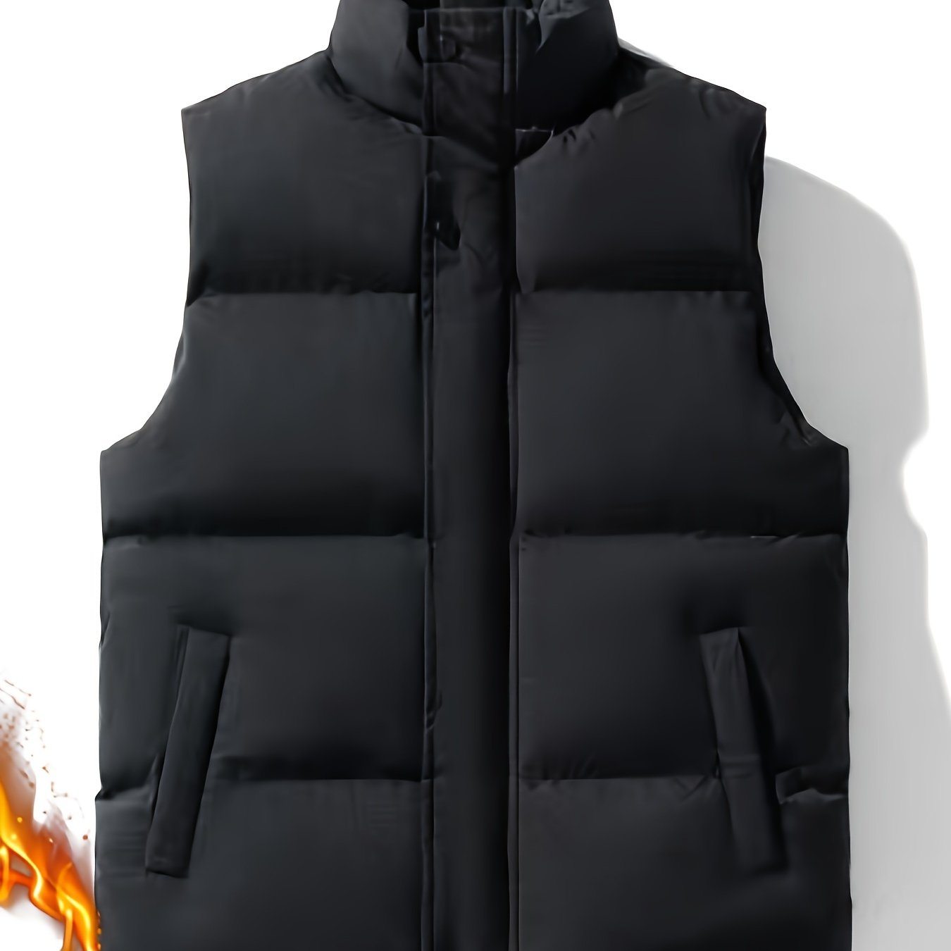 Men's polyester vest with stand collar, full-length zip, solid color, and regular fit for autumn/winter.