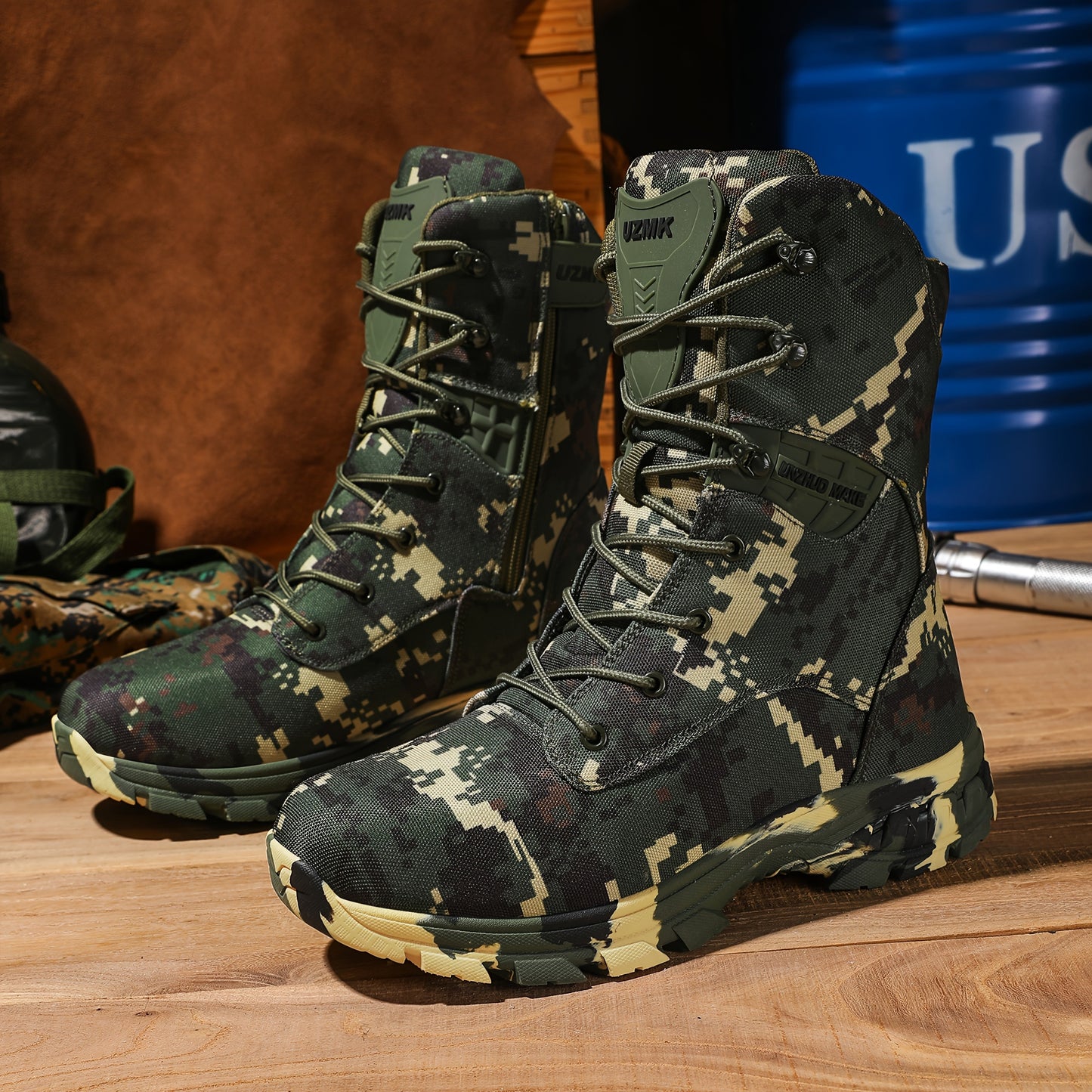 UNZHUO Men's High Top Camouflage Hiking Boots with Zipper Closure, Nylon Upper, Rubber Sole, Non-Slip EVA Insole, Striped Pattern, All-Season Outdoor Footwear.