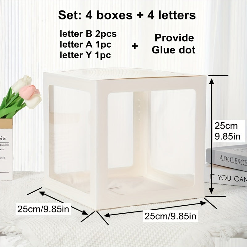 4-piece set of 9.85-inch baby gift box with BABY letters, including a white transparent square box and a transparent balloon box for birthday party decoration and gender reveal gifts (balloons not included).