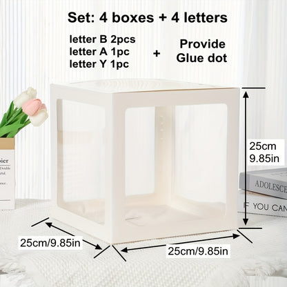 4-piece set of 9.85-inch baby gift box with BABY letters, including a white transparent square box and a transparent balloon box for birthday party decoration and gender reveal gifts (balloons not included).