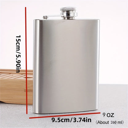 Portable stainless steel hip flask for alcohol, with screw cap and pocket-sized design for outdoor use.