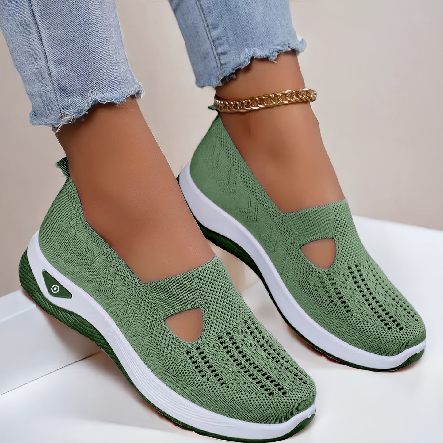 Women's lightweight knitted sneakers with PVC sole, fabric insole and upper, all-season wear, slip-on closure, machine washable.