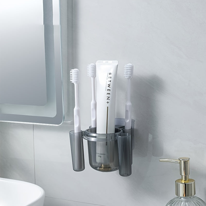 Wall-mounted toothbrush holder for bathroom storage and organization.