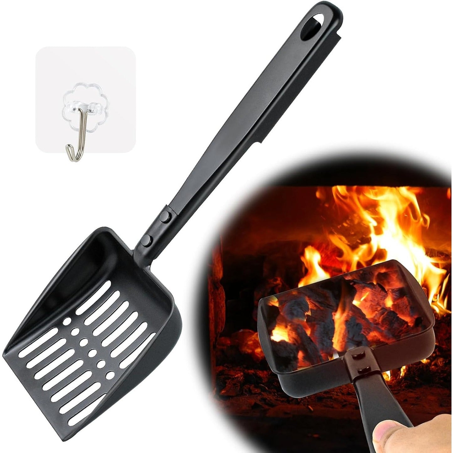 1 piece of HeatGuard Fireplace Shovel complete with a self-adhesive hook - Made to last for use with wood stoves and indoor fire pits, featuring a simple-to-clean hollow design for optimal heat distribution.