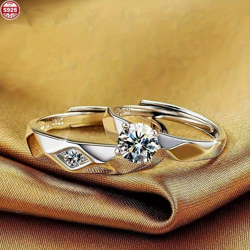 Two pieces of 925 Silver Fashion Couple Rings featuring a Unisex Bohemian Elegant Style, adorned with Synthetic Cubic Zirconia on an Open Band. Ideal for Music Festivals, Vacations, Valentine's Day, and can be worn all year round.