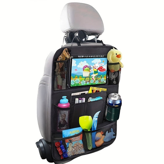 Back seat car organizer made of 600D polyester mesh, waterproof and kick-proof. Featuring toy storage and seat protection.