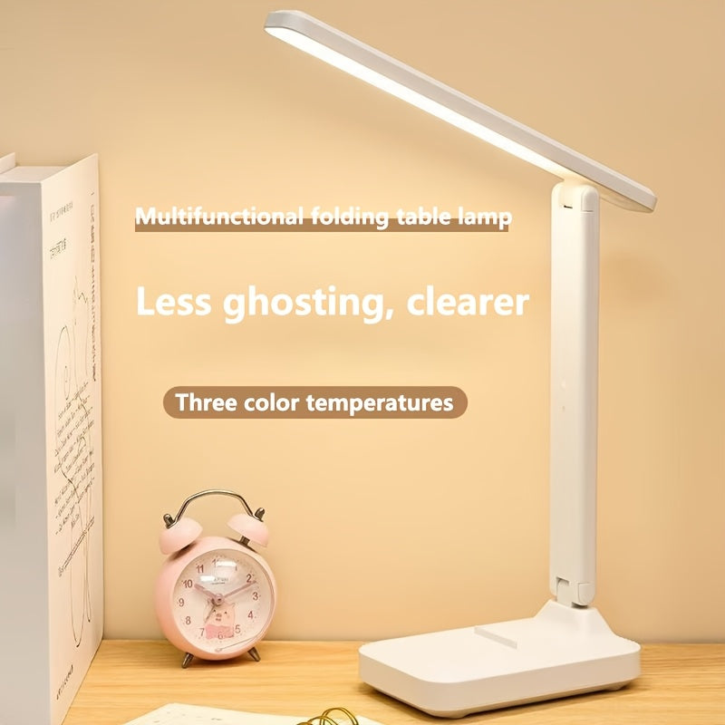 High-Brightness LED Desk Lamp with 3-Color Temperatures, Touch Control, Foldable Design, USB Rechargeable, Adjustable Arm, Plastic Construction - Ideal for Reading, Office, and Bedroom Use.