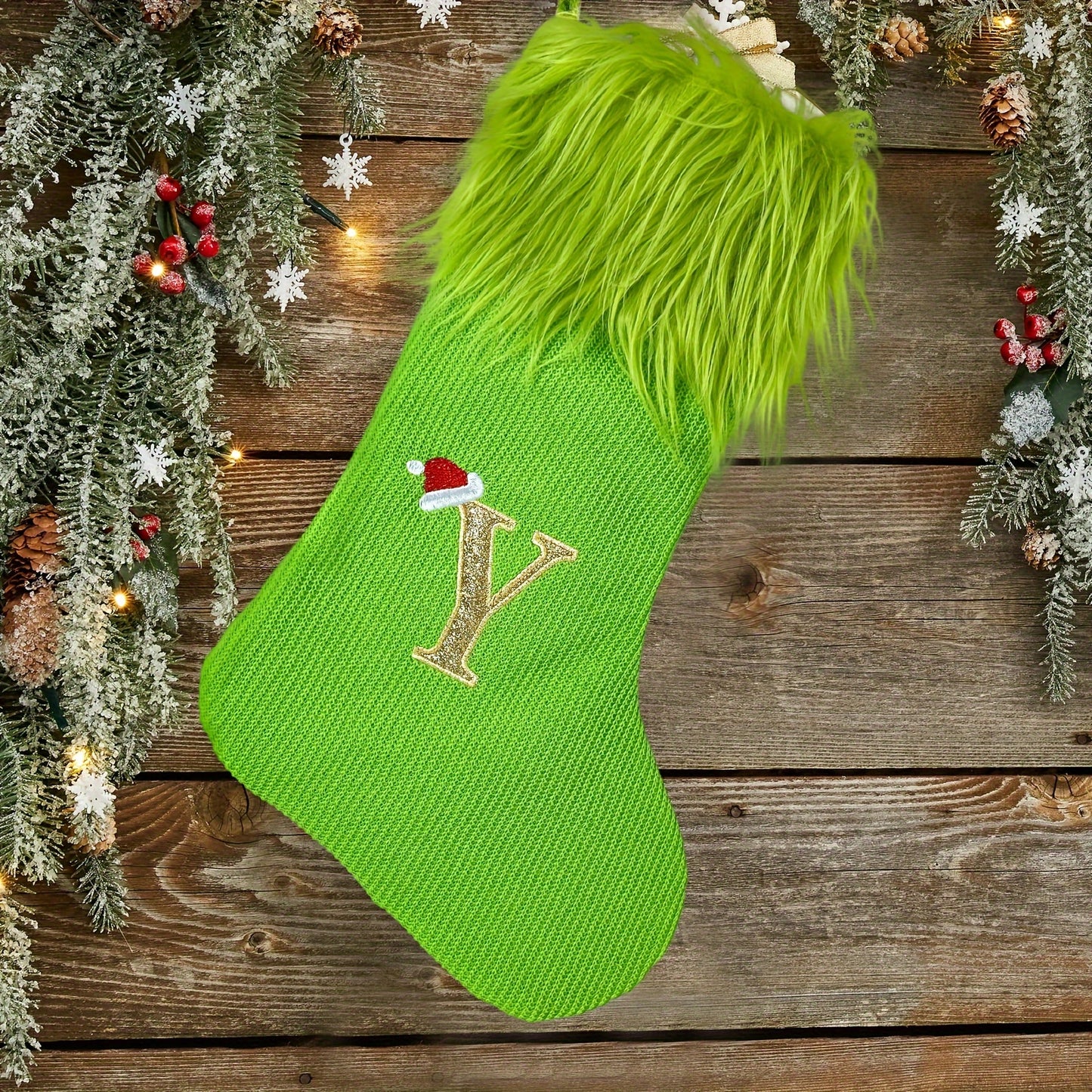 Modern Green Christmas Stocking with Custom Initial Embroidery, Perfect for Holiday Gifts - Single Pack