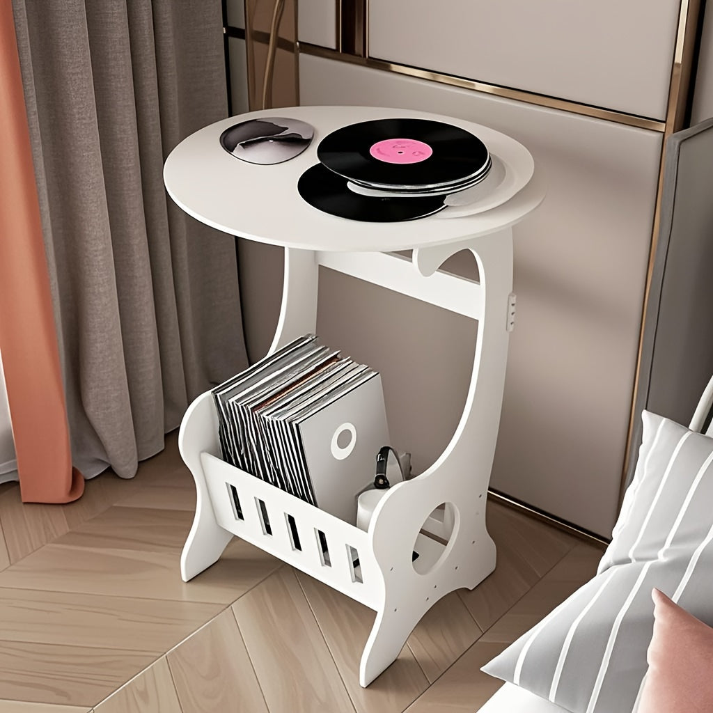 Durable plastic bedside table with storage for books and magazines. Perfect for small spaces and features a shelf for CD, DVD, and LP albums (CD not included).