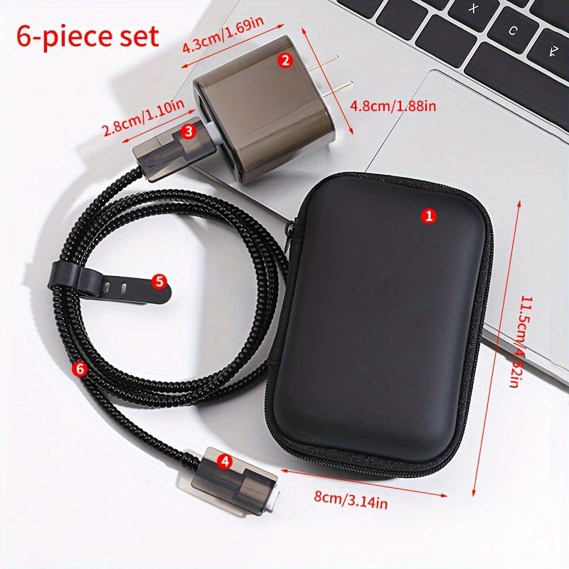 Hard shell case for iPhone charging cable and accessories, 6-piece organizer for quick charge data line, no battery - cable management kit.