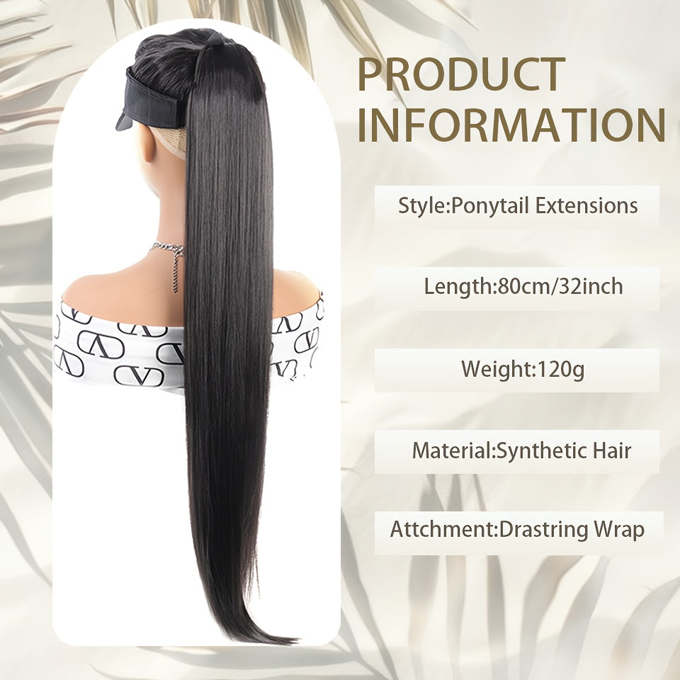 81.28 cm Black Synthetic Straight Ponytail Hair Extension, Drawstring Style for Women