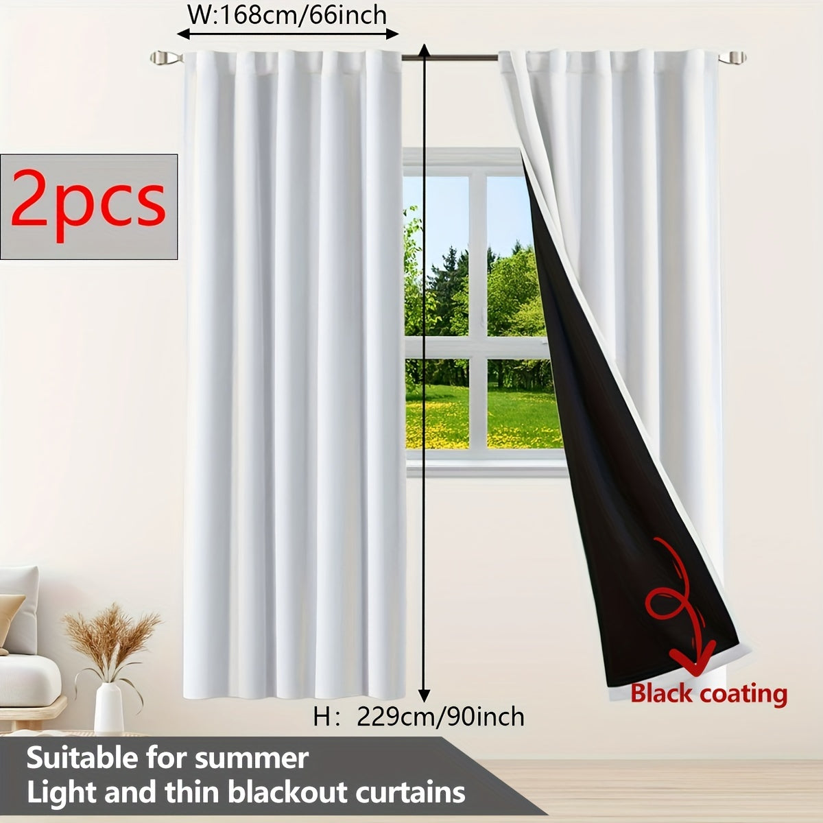 Two pieces of contemporary blackout curtains made from thermal insulated twill weave polyester. They are designed to reduce noise and block out light, making them perfect for the living room, bedroom, or study. These curtains feature a hook and ring rod