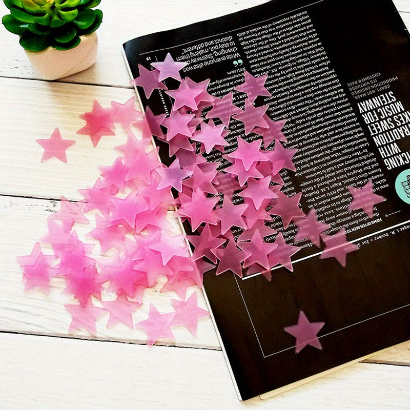 100 glow-in-the-dark star wall stickers with matte finish. Reusable and self-adhesive for fantasy themed rooms. Can be used on multiple surfaces.