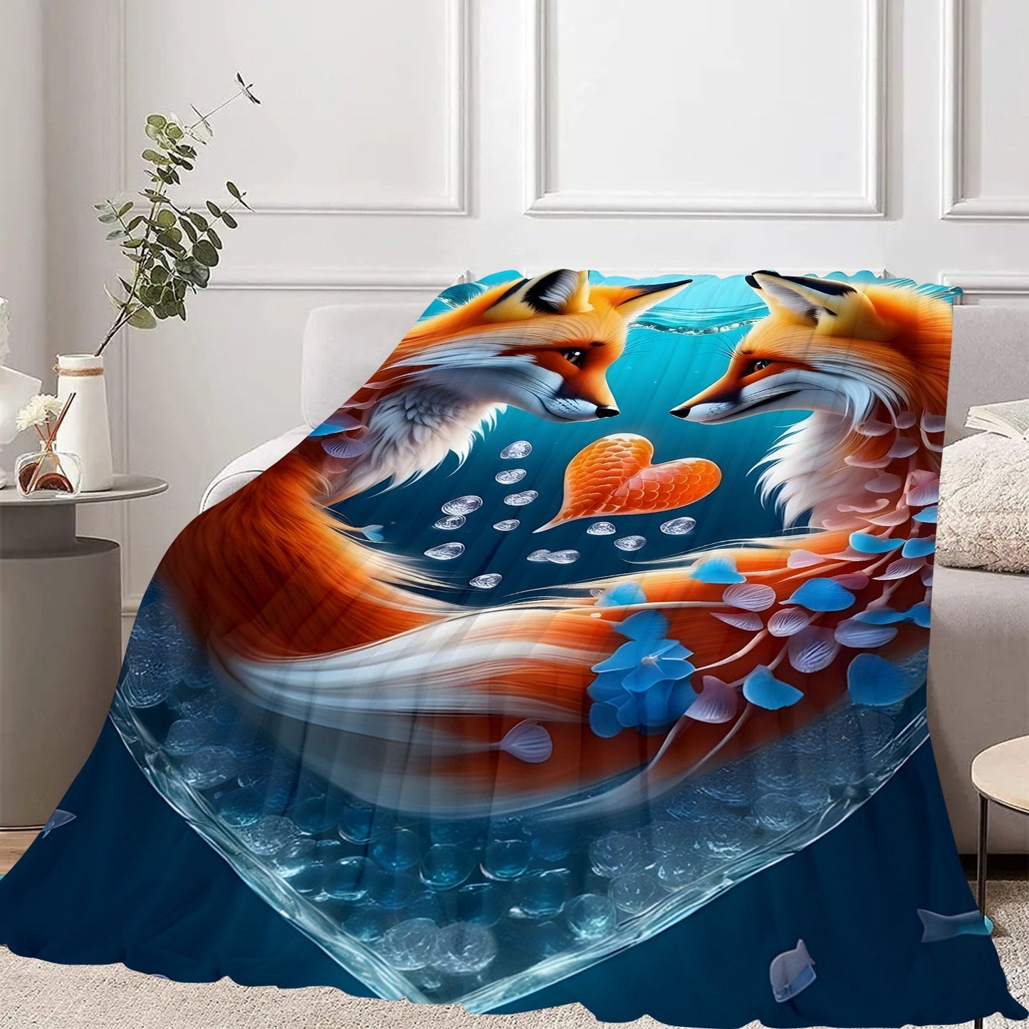 Our versatile Love Fox Print Soft Throw Blanket is the perfect all-season gift. Featuring a contemporary style and made from cozy polyester flannel, this blanket is adorned with a digital print of foxes. It is machine washable and has a fabric weight of