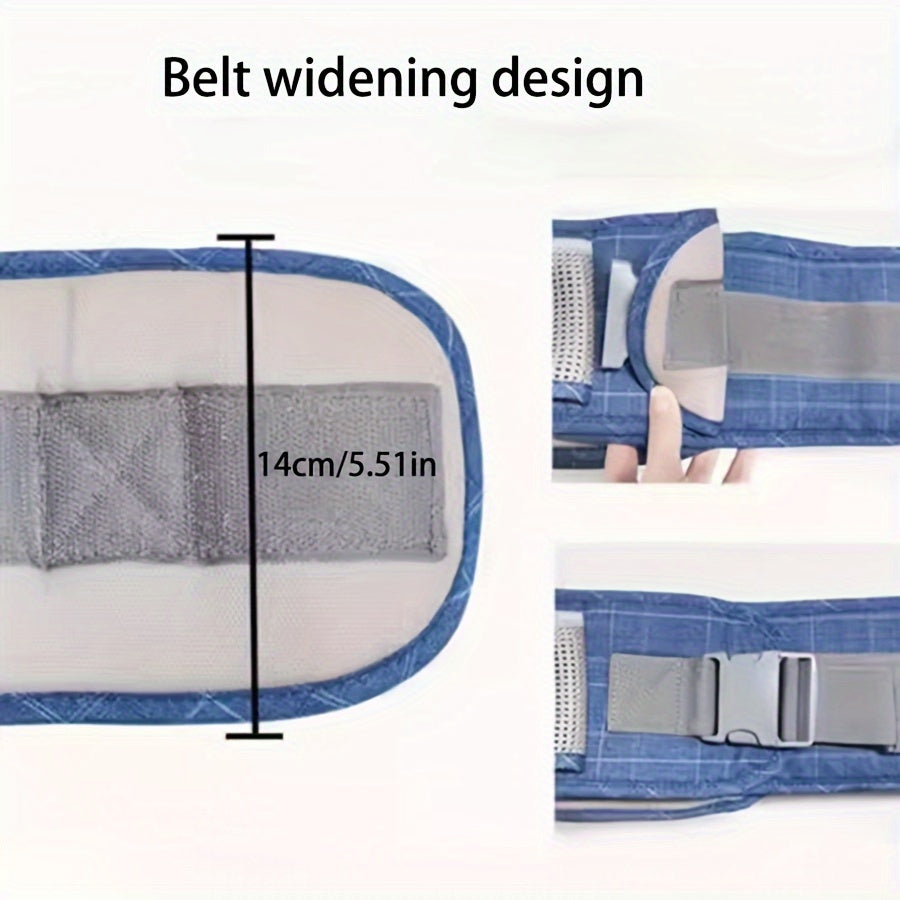 Versatile carrier sling and waist stool, reversible design for front or back use, lightweight and essential for all seasons travel. Hand wash only, made of polyester in mixed colors.