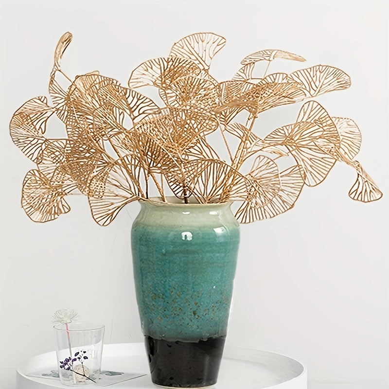 5 Glitzy Golden Ginkgo & Apricot Leaf Artificial Stems for year-round elegant home décor. Ideal for weddings, Christmas, winter, and spring decorations.