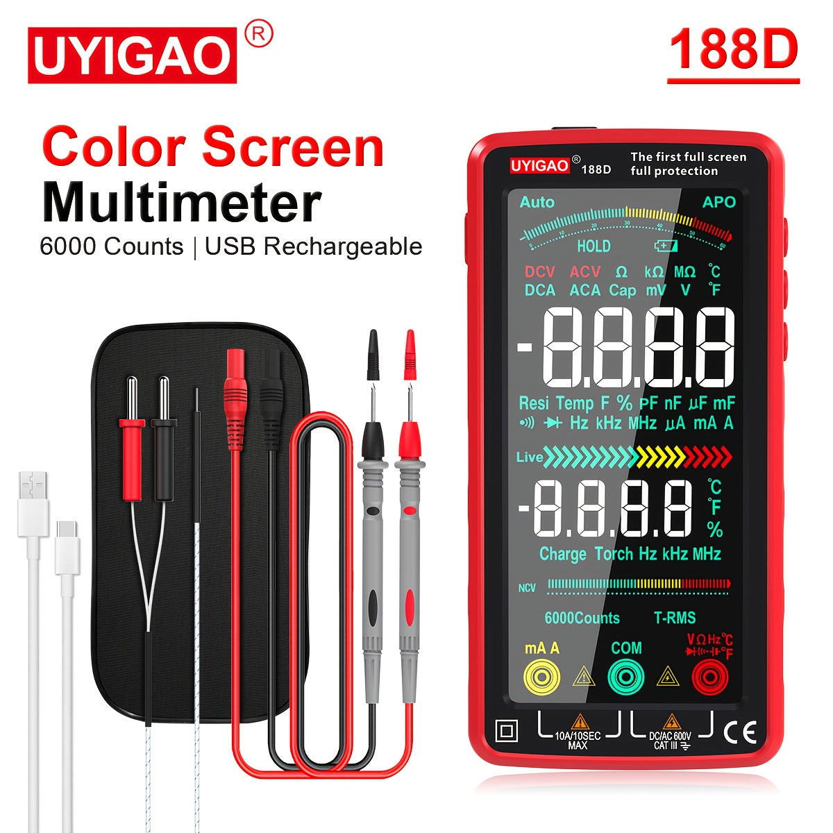 1pc UYIGAO Smart Digital Multimeter with Auto-Ranging TRMS, 6000 Counts, Slip-Resistant Grip, Measures AC/DC Voltage, Current, NCV, Ohm, Amp, Resistance, Diodes, Continuity, Capacitance