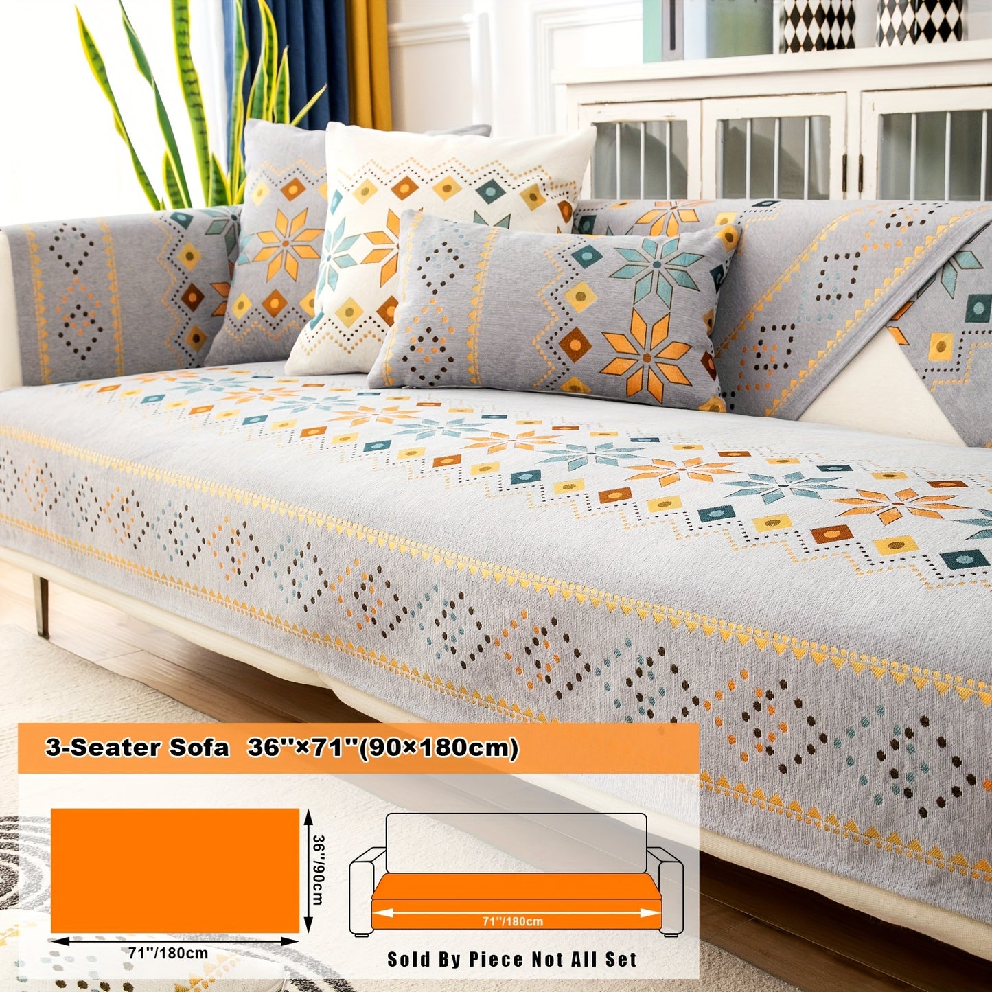 Bohemian-style Sofa Slipcover with Embroidery, Pillowcase and Cushion Covers. Suitable for Bedroom, Office, Living Room Home Decor.