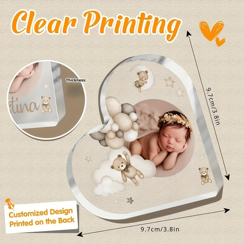 Customizable Acrylic Heart Photo Frame featuring Teddy Bear Design, Perfect for Teens 14+. Makes a Meaningful Gift for Sons and Daughters. Display your precious memories in style!