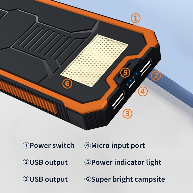 The SolarPower 10000mAh Power Bank is a portable device that features a dual USB charger, LED light, and microusb connector. It is compatible with various devices, operates at a voltage of