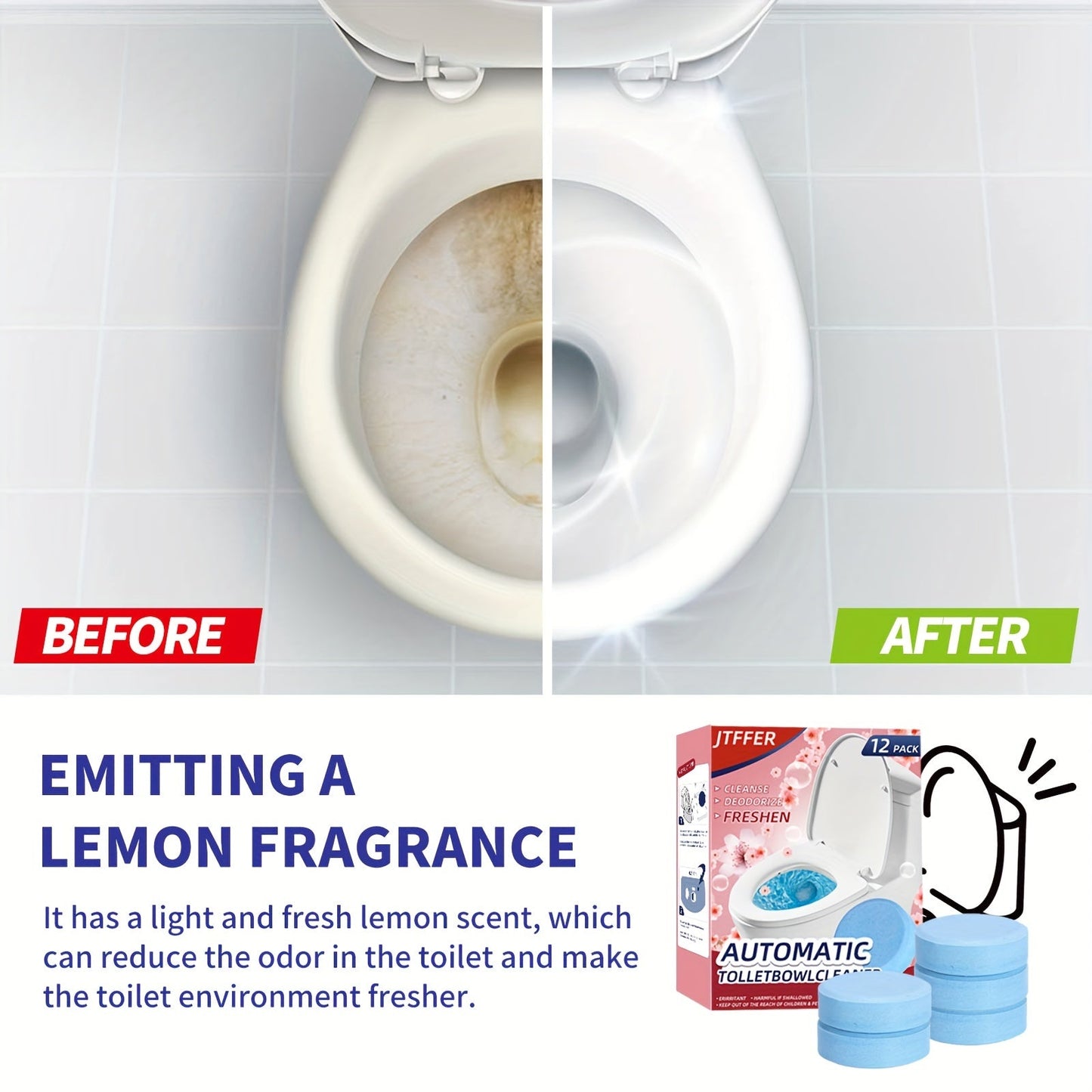 JTFFER Automatic Toilet Bowl Cleaner Tablets come in a 12-pack and are formulated with antibacterial citric acid to effectively clean and freshen ceramic surfaces. These tablets provide long-lasting freshness, deodorize, and help to break down tough