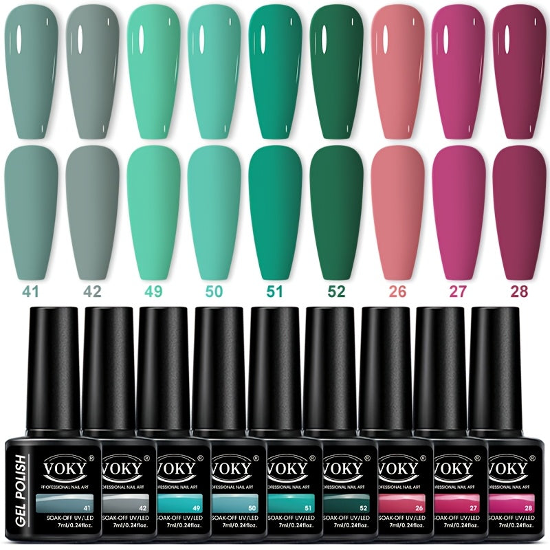 9-bottle gel nail polish set, 0.24 oz each, UV LED long-lasting, alcohol-free, hypoallergenic, formaldehyde-free, liquid form, DIY nail art starter kit.