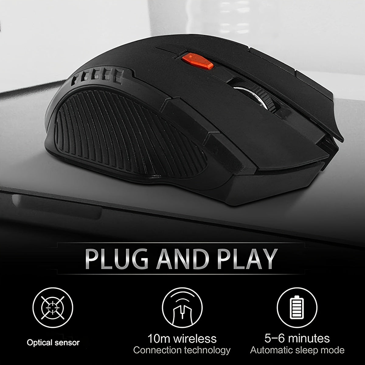 2.4G Wireless Gaming Mouse with ergonomic design, comfort grip, 10m range, adjustable DPI, stylish appearance, suitable for desktop and laptop use, made of plastic material.