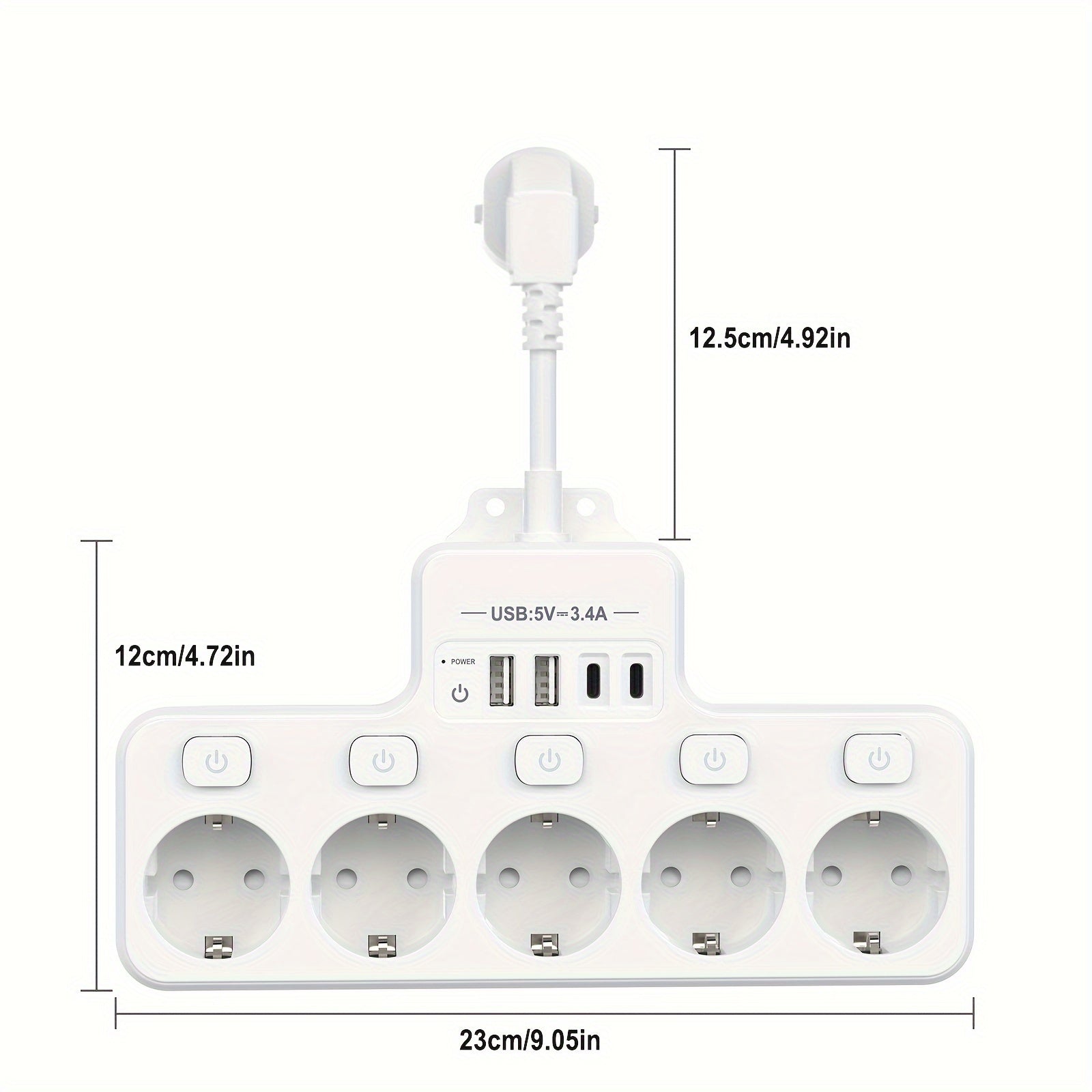 USB power board with multiple sockets and 5 compartments, includes USB and Type-C cables, switch socket adapter, for office, home, travel.