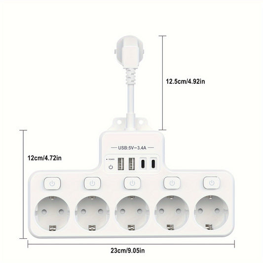 USB power board with multiple sockets and 5 compartments, includes USB and Type-C cables, switch socket adapter, for office, home, travel.