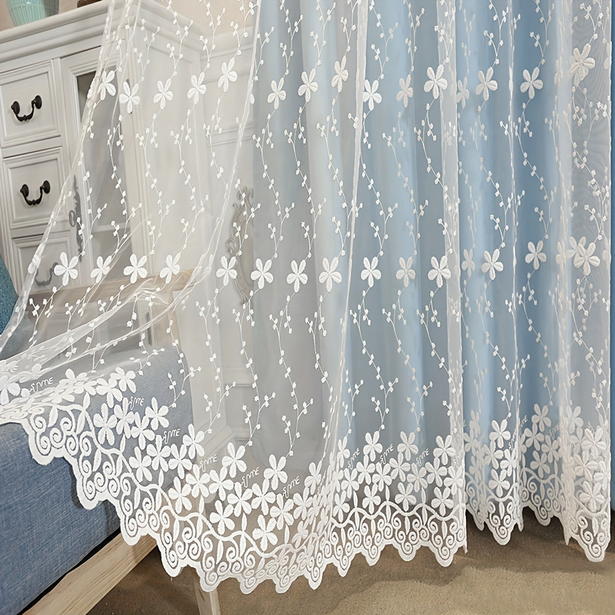 Delicate White Sheer Curtain with Small Romantic Flower Embroidery, Perfect for Living Room, Bedroom, Office, or Home Decoration. Comes with Rod Pocket for Easy Installation.