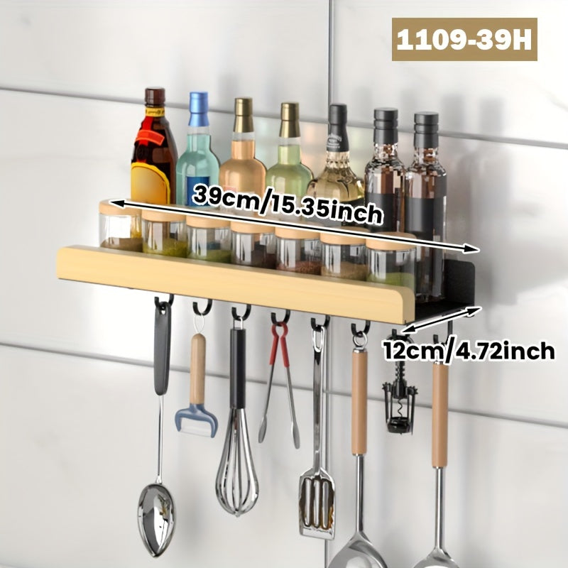 Wood and metal kitchen spice rack with hooks. Wall-mounted for modern style and efficient storage. Multifunctional shelf for kitchen accessories. Hardwood organizer for spices without the need for electricity.